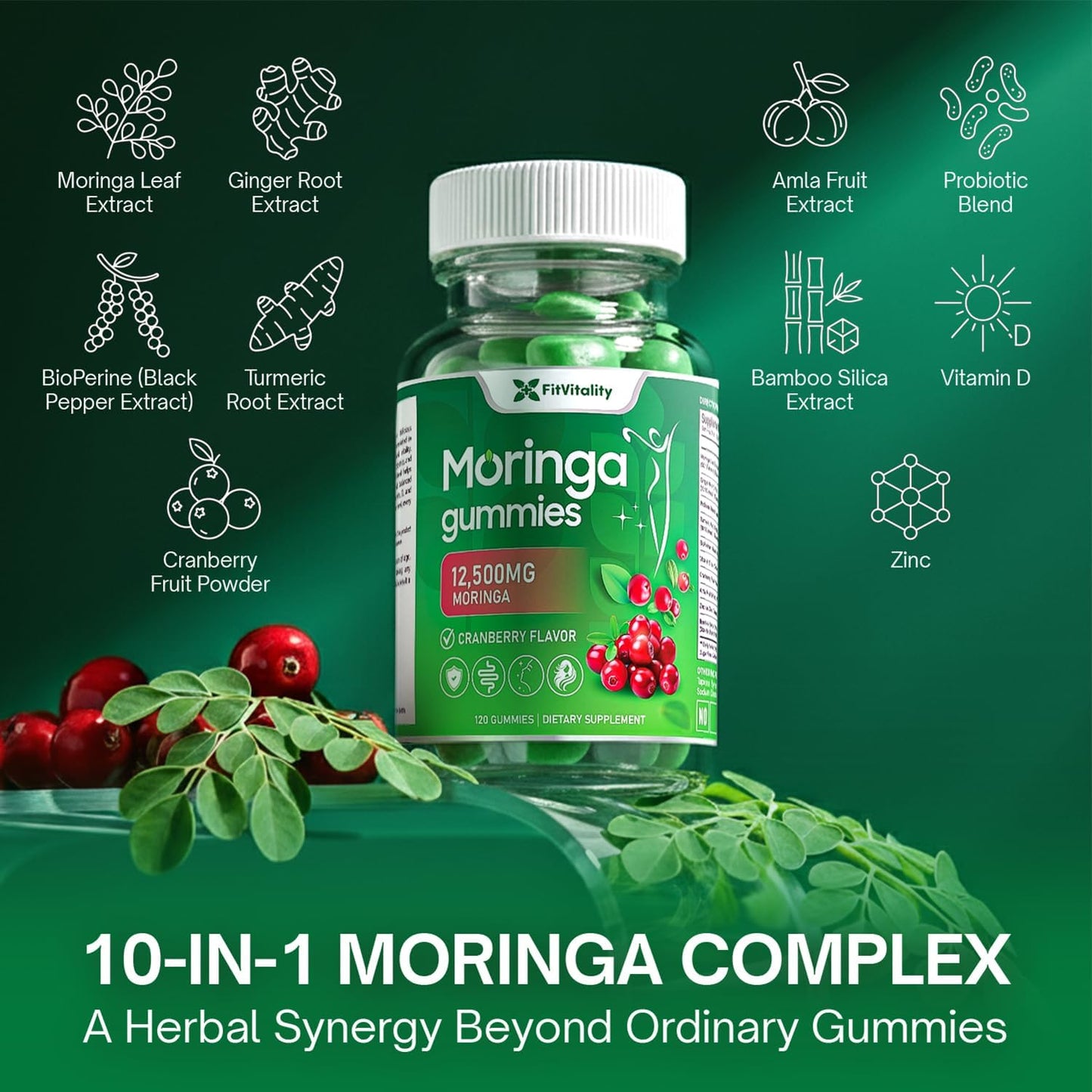 Moringa Gummies with Ginger, Turmeric & Probiotics | Vegan, Sugar-Free Chewable | Plant-Based Pectin Formula with Vitamin C