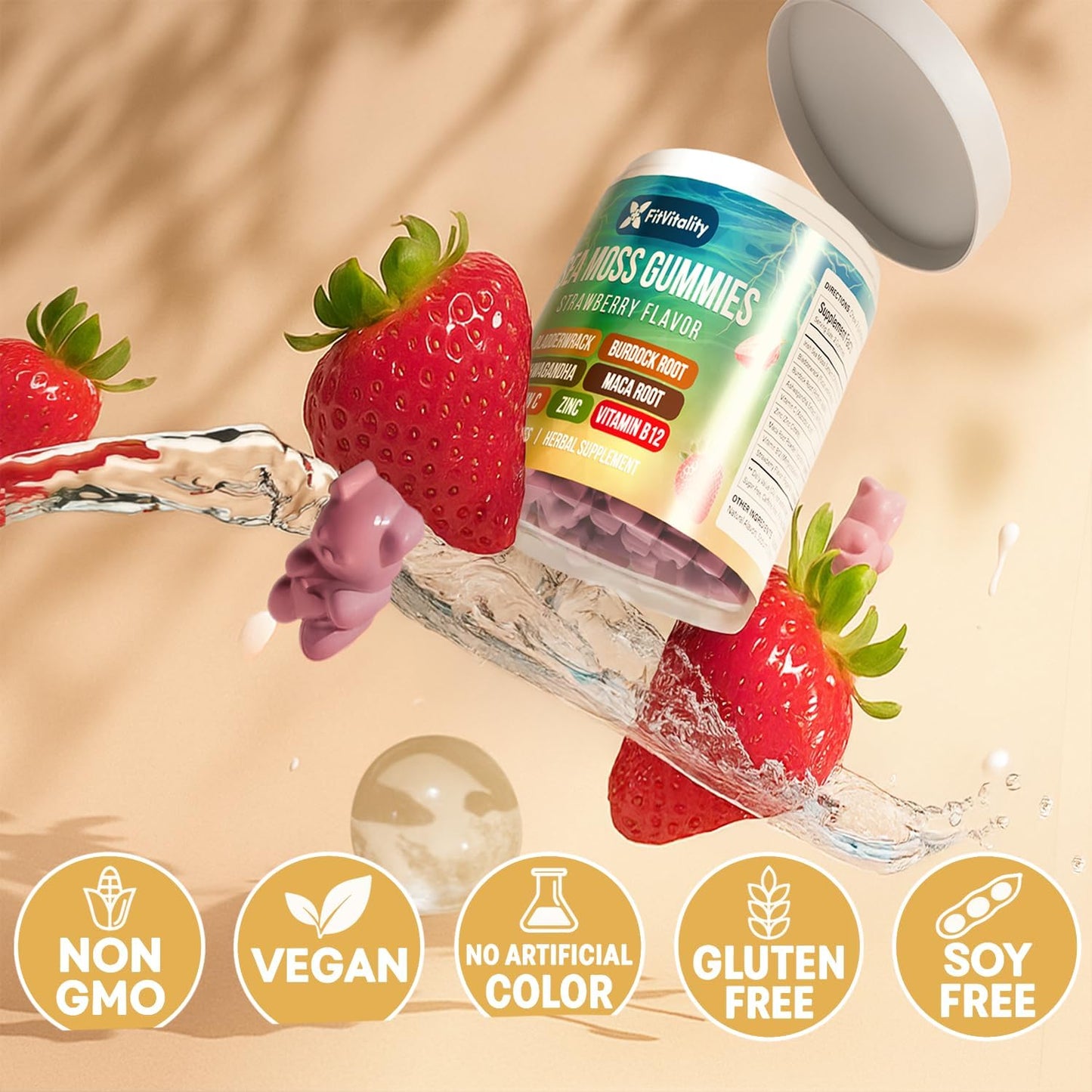 Sea Moss Gummies, Strawberry Flavor Vegan Gummies