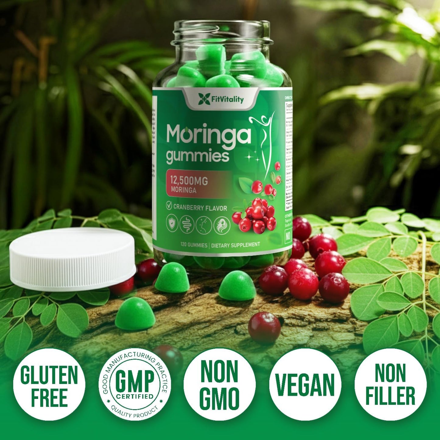 Moringa Gummies with Ginger, Turmeric & Probiotics | Vegan, Sugar-Free Chewable | Plant-Based Pectin Formula with Vitamin C