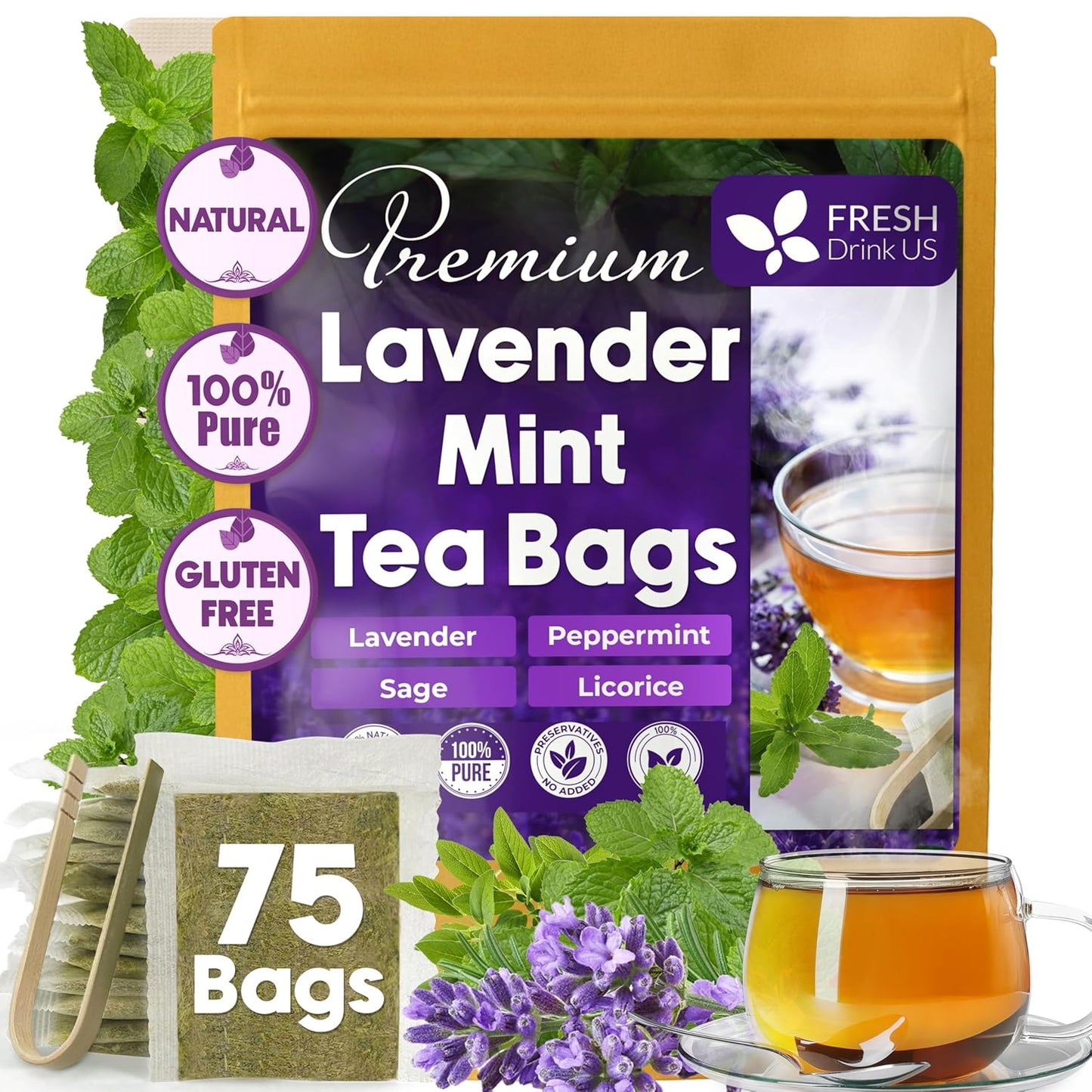Premium Lavender Mint Tea Bags. 100% Natural, Blend of Lavender, Peppermint, Sage and Licorice