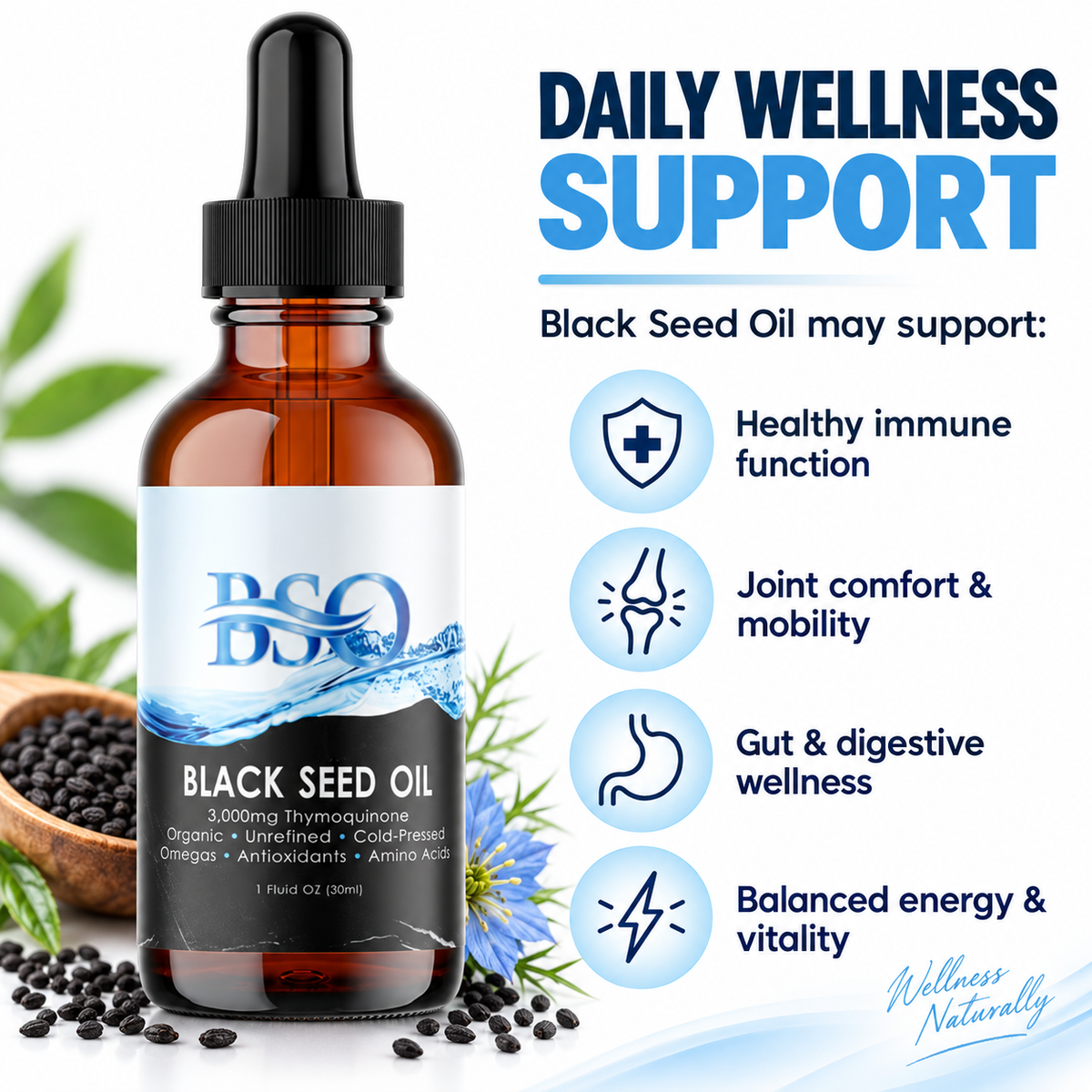 3,000 mg Thymoquinone (5%) Hexane-Free Organic Cold Pressed Black Seed Oil - Pure & POTENT