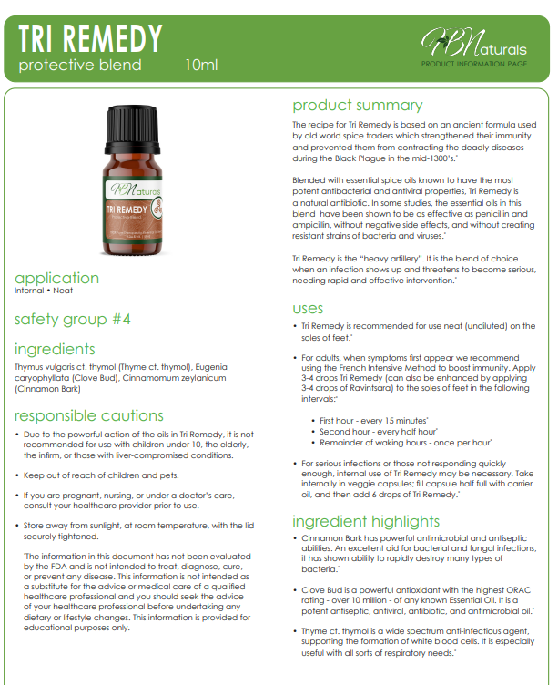 Tri Remedy Protective Essential Oil Blend - For Colds, Flu, Viruses