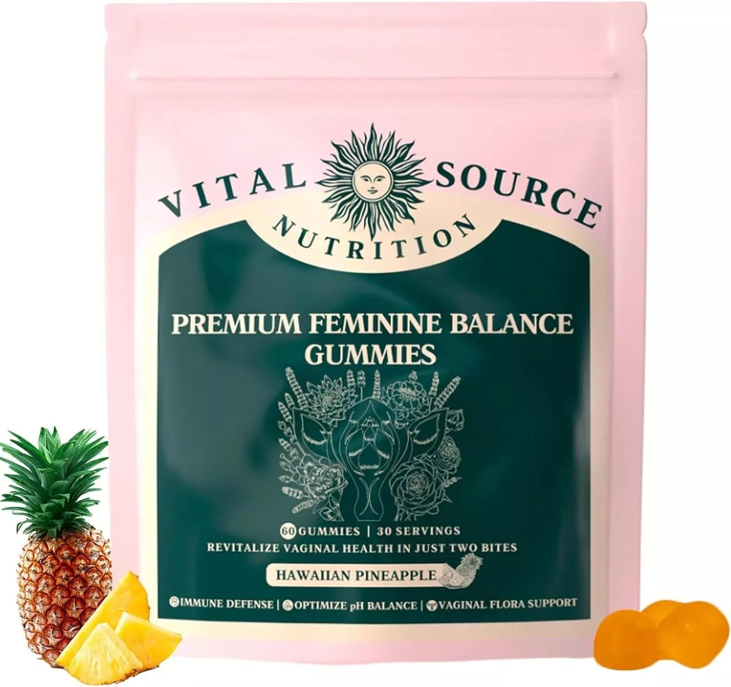 Vital Source Nutrition - Premium Feminine Balance Gummies - for Women’s Health & Wellness - Immune Support - Vegan, Gluten-Free - Hawaiian Pineapple - 60 Gummies - 30 Servings