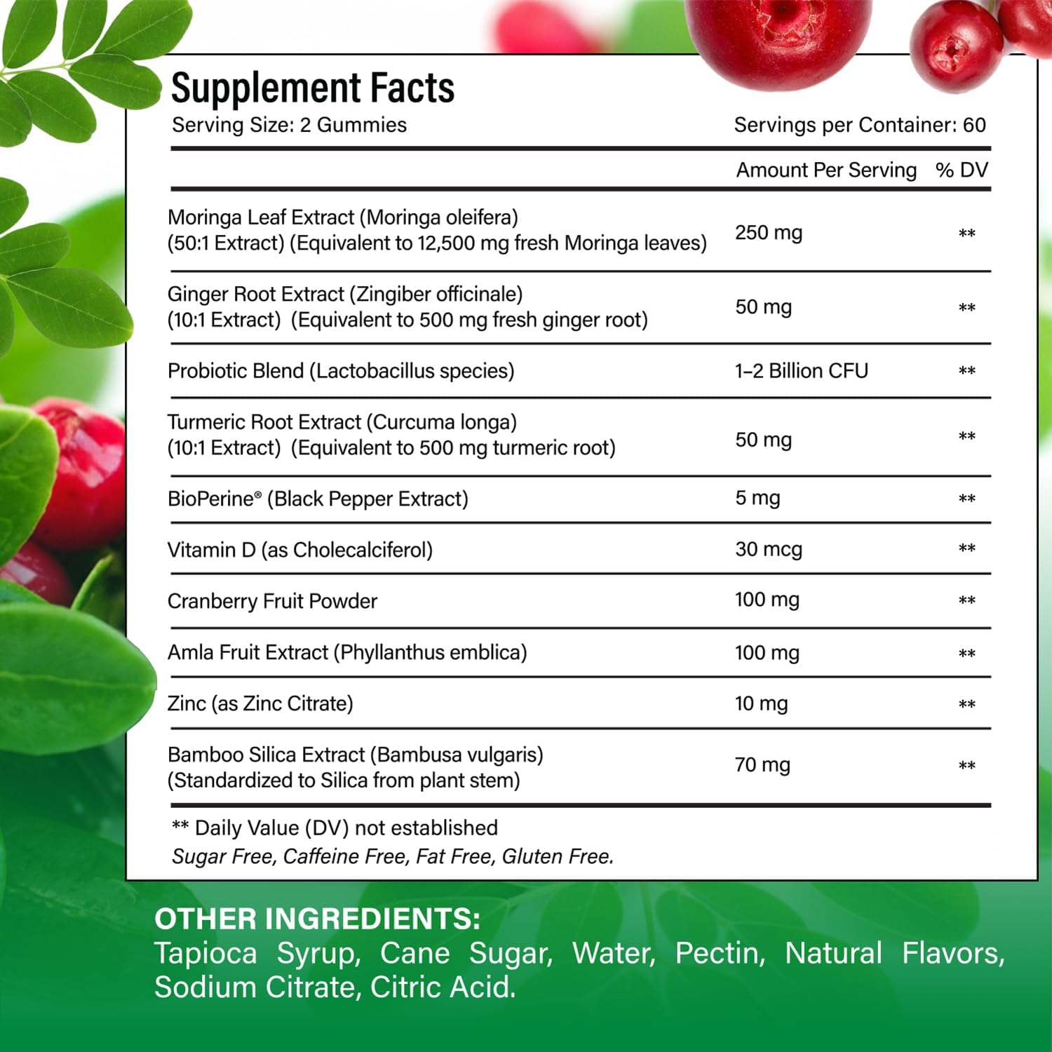 Moringa Gummies with Ginger, Turmeric & Probiotics | Vegan, Sugar-Free Chewable | Plant-Based Pectin Formula with Vitamin C