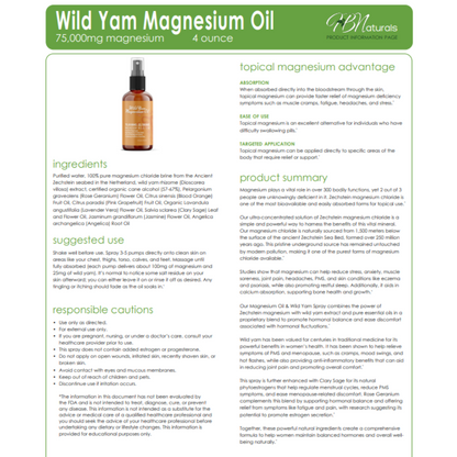 Topical Magnesium Oils - Magnesium, Pain, Sleep, and Wild Yam | 75,000 mg | 4 oz Bottles