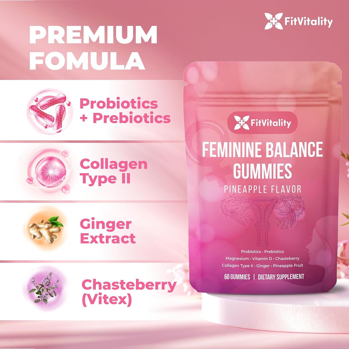 Premium Vaginal Probiotics & Digestive Health Gummies – Probiotics, Collagen Type II, Chasteberry, Vitamin D & Magnesium