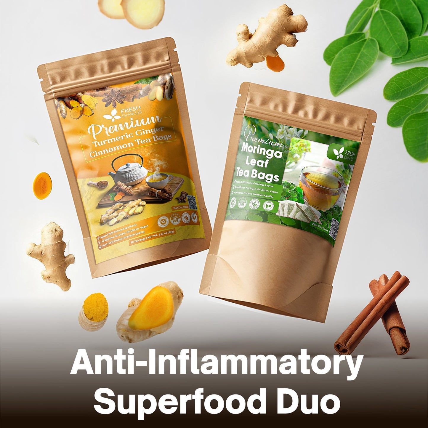 Anti-Inflammatory Superfood Duo, Turmeric Ginger Cinnamon & Moringa Leaf Herbal Tea Bags, 100% Natural & Pure Roots and Leaves