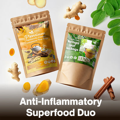 Anti-Inflammatory Superfood Duo, Turmeric Ginger Cinnamon & Moringa Leaf Herbal Tea Bags, 100% Natural & Pure Roots and Leaves
