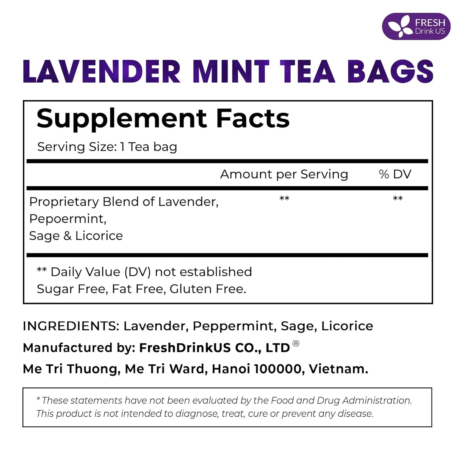 Premium Lavender Mint Tea Bags. 100% Natural, Blend of Lavender, Peppermint, Sage and Licorice