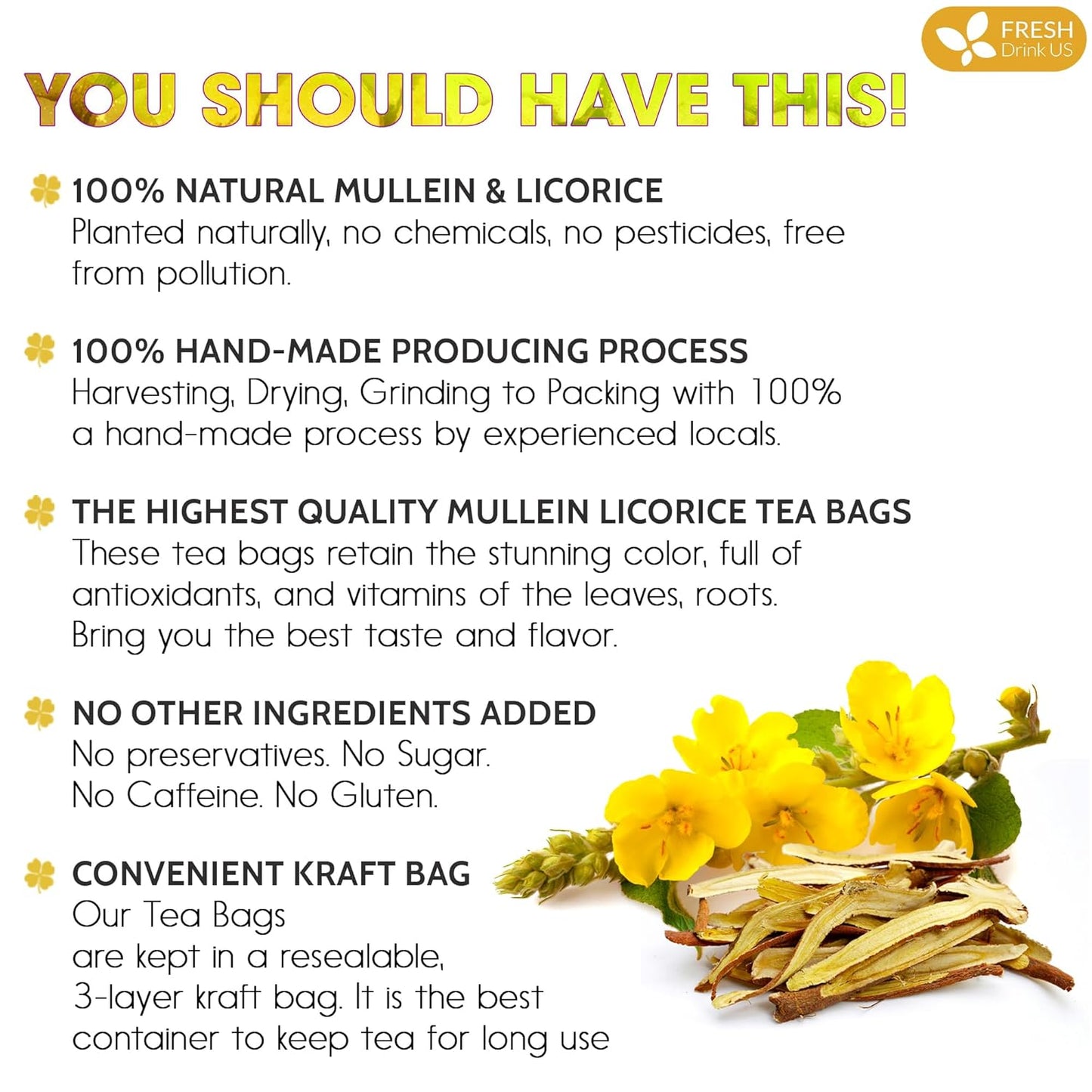 Premium Mullein Licorice Tea Bags. 100% Natural, Blend of Mullein Leaves, and Licorice Root