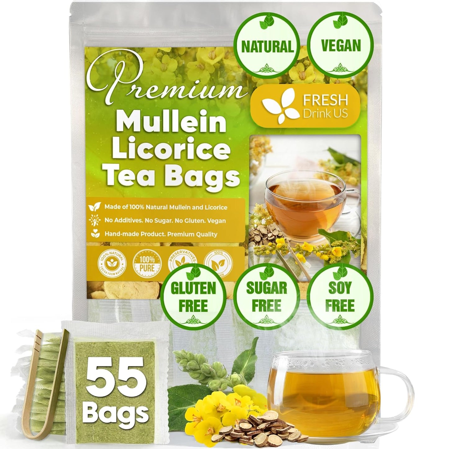 Premium Mullein Licorice Tea Bags. 100% Natural, Blend of Mullein Leaves, and Licorice Root