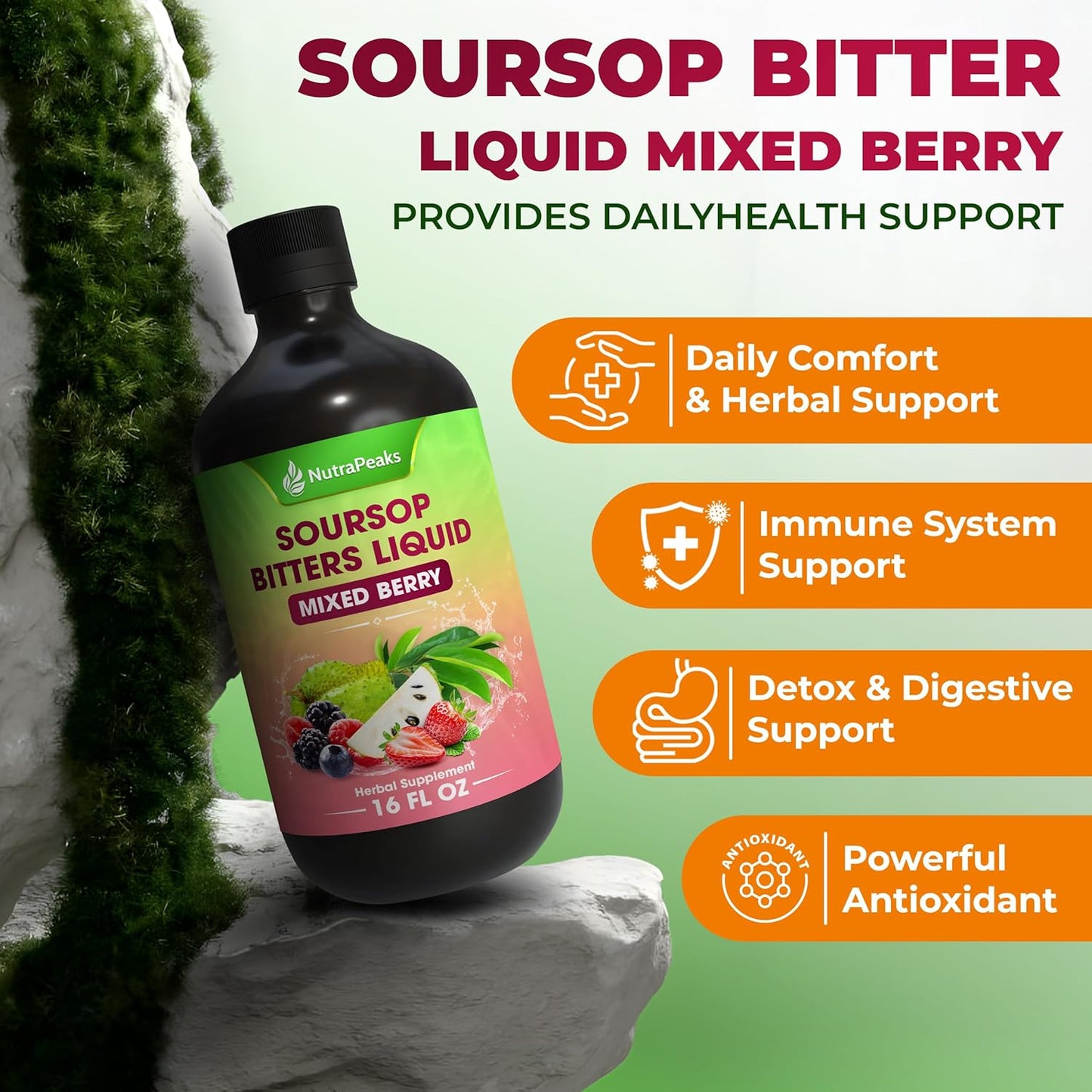 Soursop Bitters Liquid – Herbal Detox Formula with Soursop, Ginger, Turmeric & Black Seed Mixed Berry Flavor