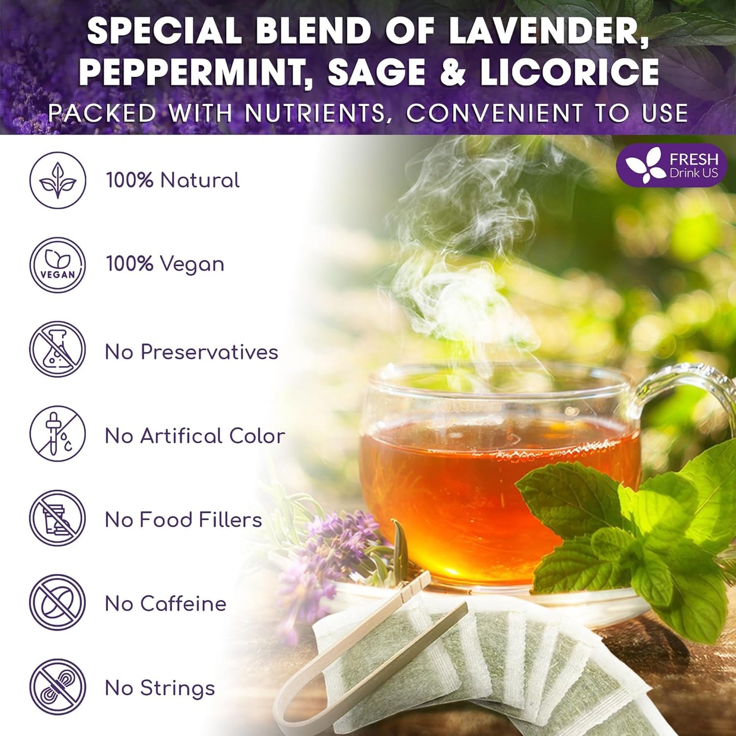 Premium Lavender Mint Tea Bags. 100% Natural, Blend of Lavender, Peppermint, Sage and Licorice