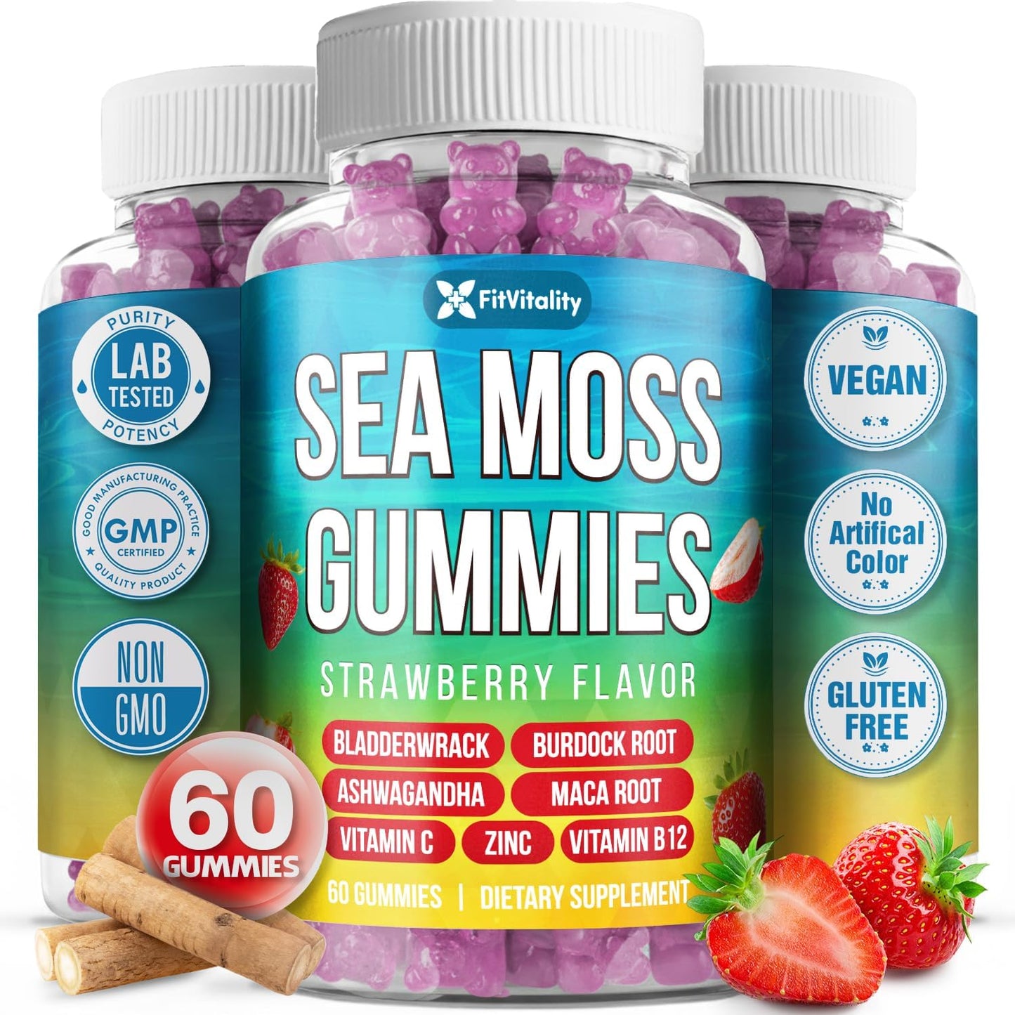Sea Moss Gummies, Strawberry Flavor Vegan Gummies