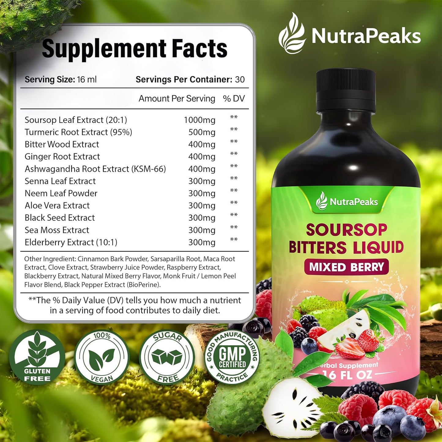 Soursop Bitters Liquid – Herbal Detox Formula with Soursop, Ginger, Turmeric & Black Seed Mixed Berry Flavor
