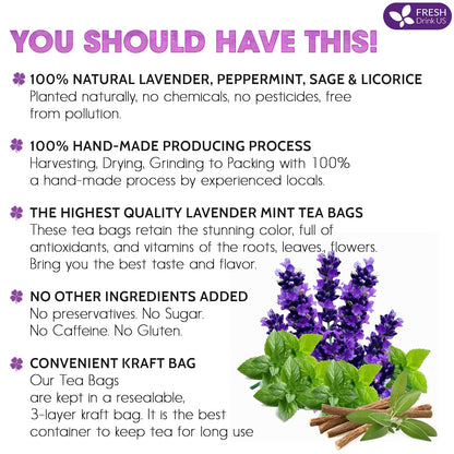 Premium Lavender Mint Tea Bags. 100% Natural, Blend of Lavender, Peppermint, Sage and Licorice