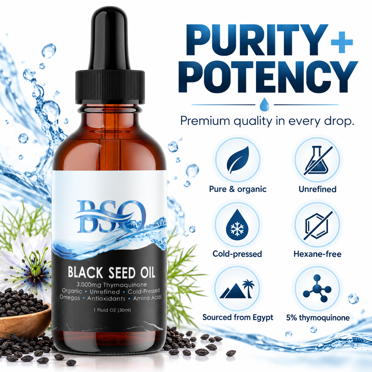 3,000 mg Thymoquinone (5%) Hexane-Free Organic Cold Pressed Black Seed Oil - Pure & POTENT