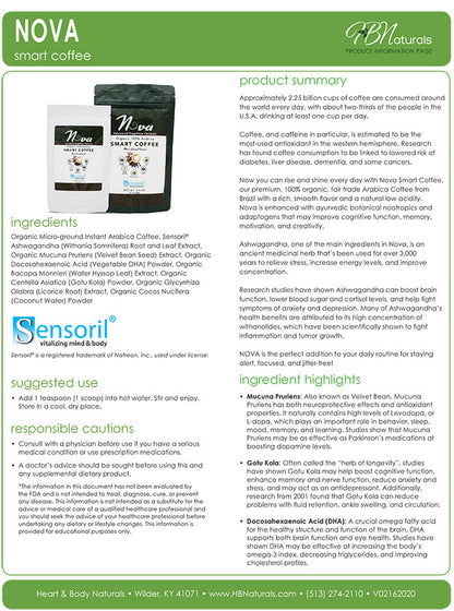 Nova Organic Smart Coffee for Cognitive Function, Memory, Focus, and Motivation